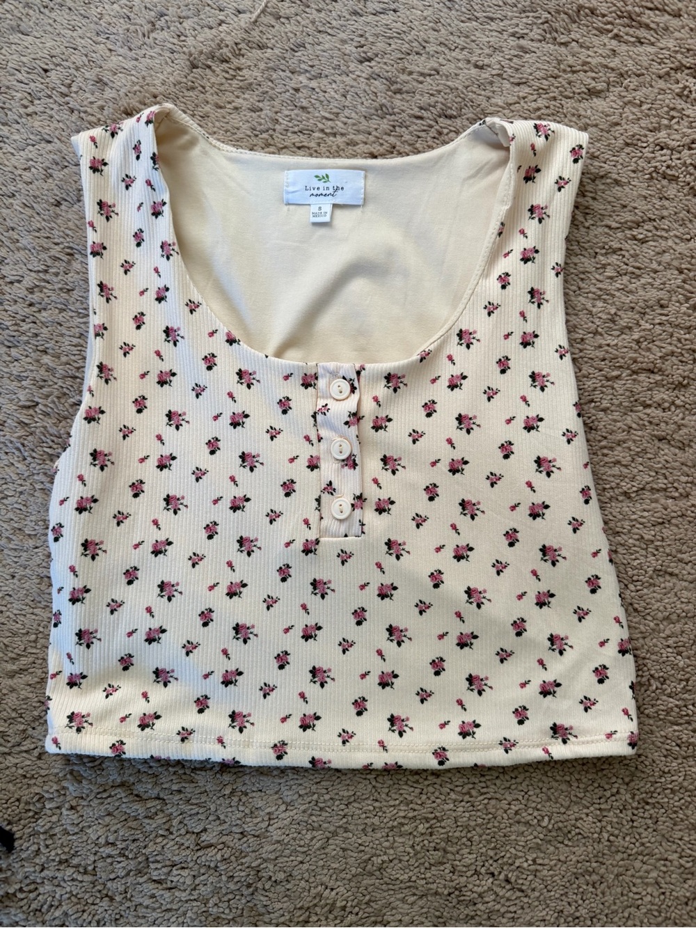 Cream Floral Ribbed Tank Top